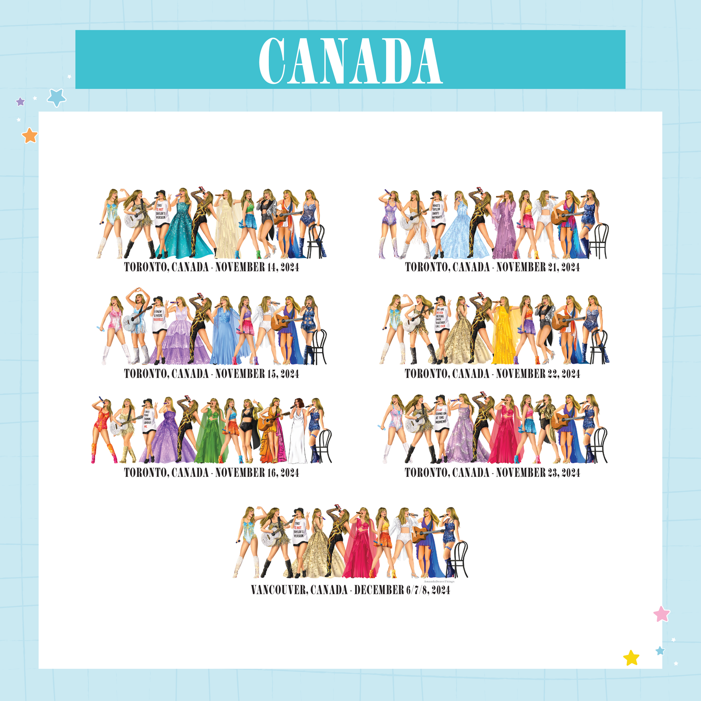 8x10" International Dates Tour Lineup Drawings Art Print