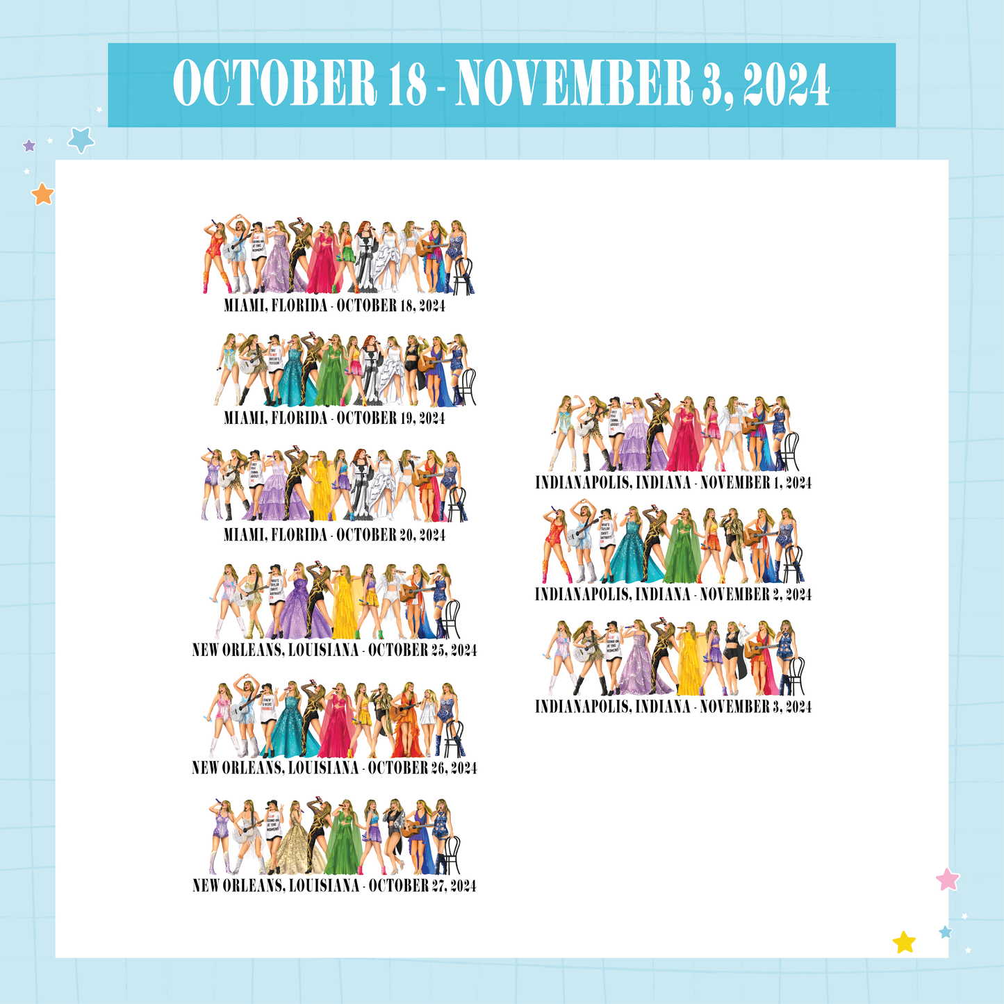 Limited Time Only ✨GLITTER✨ 8x10" USA Dates Custom Tour Date Outfit Lineup Drawings