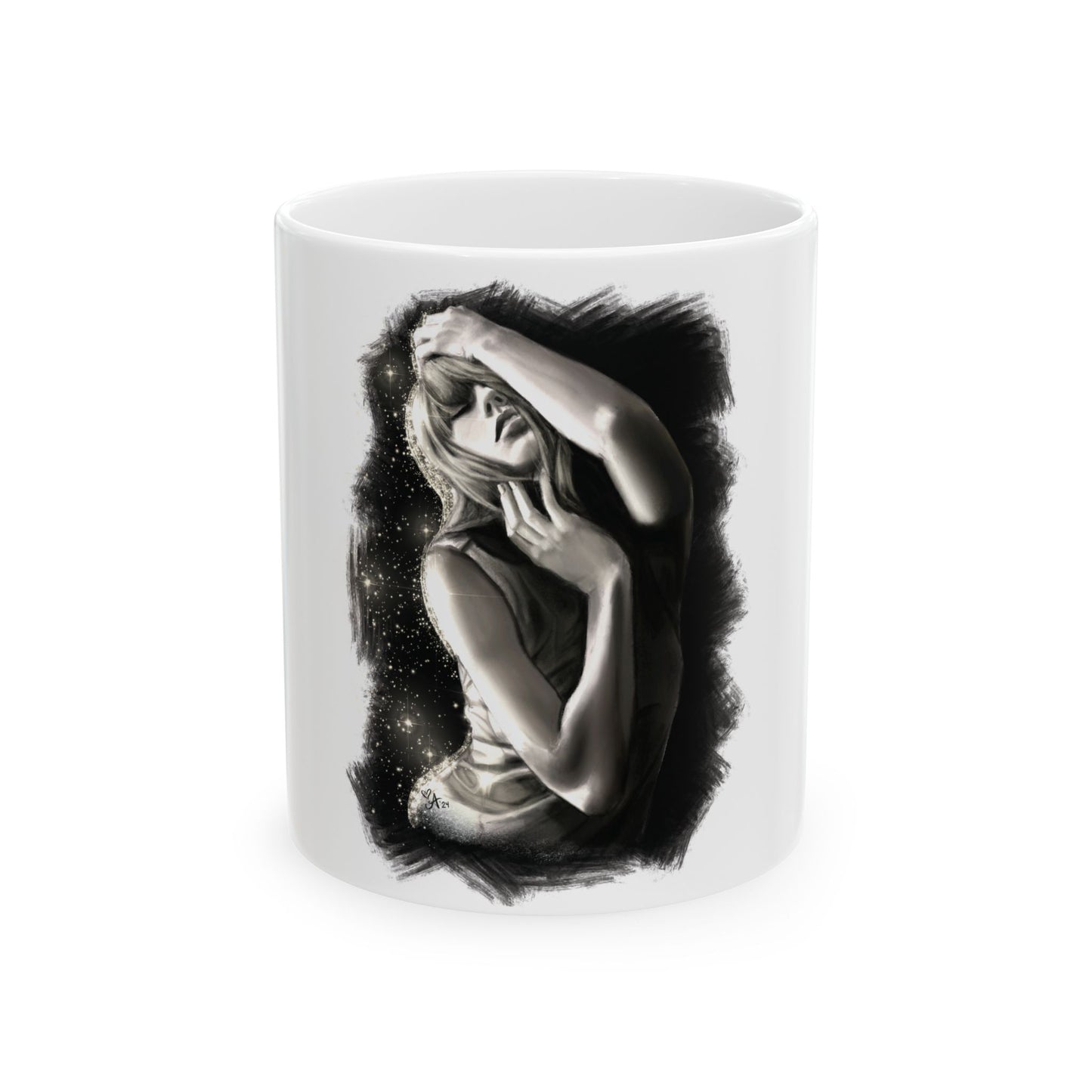 Starry Charcoal Tortured Poet Drawing WHITE Ceramic Mug, (11oz, 15oz)