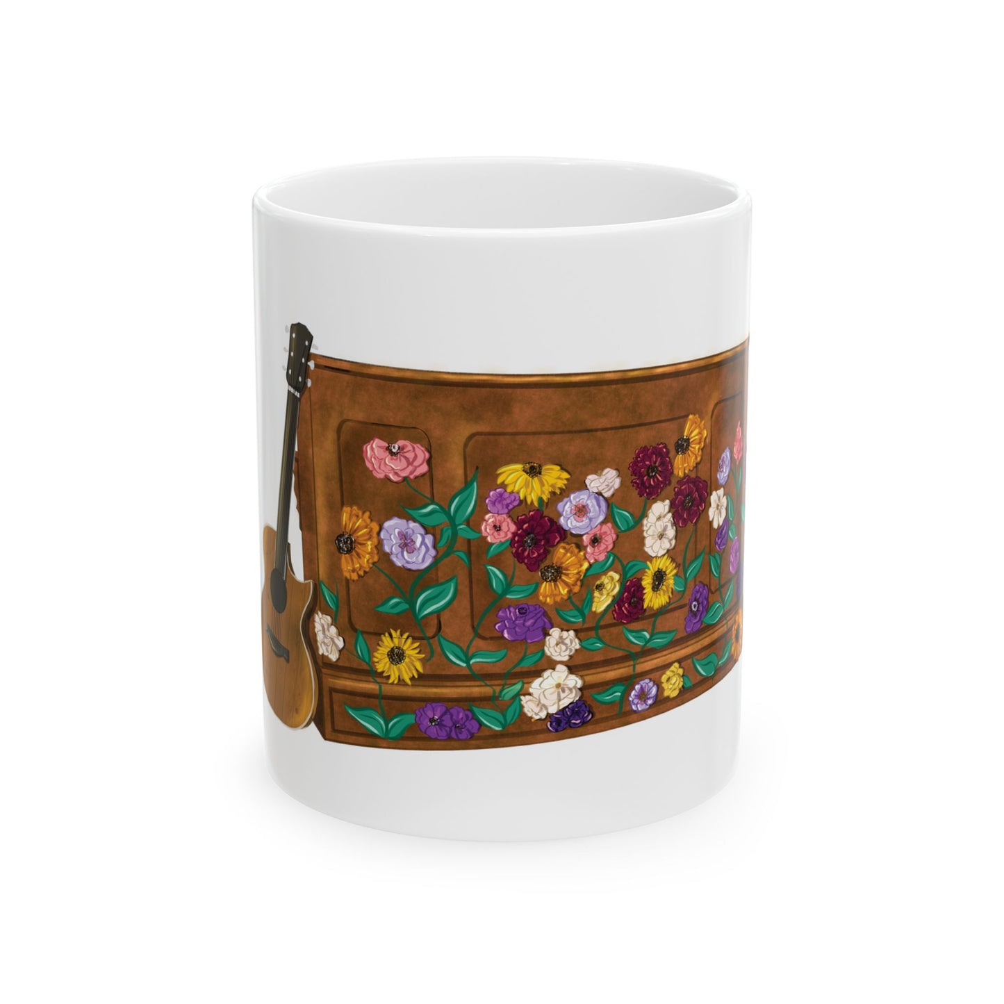 Hand Drawn Tour Floral Piano WHITE Ceramic Mug, (11oz, 15oz)