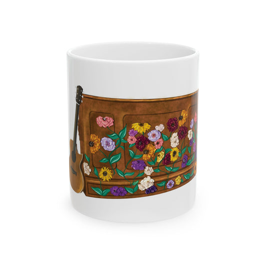 Hand Drawn Tour Floral Piano WHITE Ceramic Mug, (11oz, 15oz)