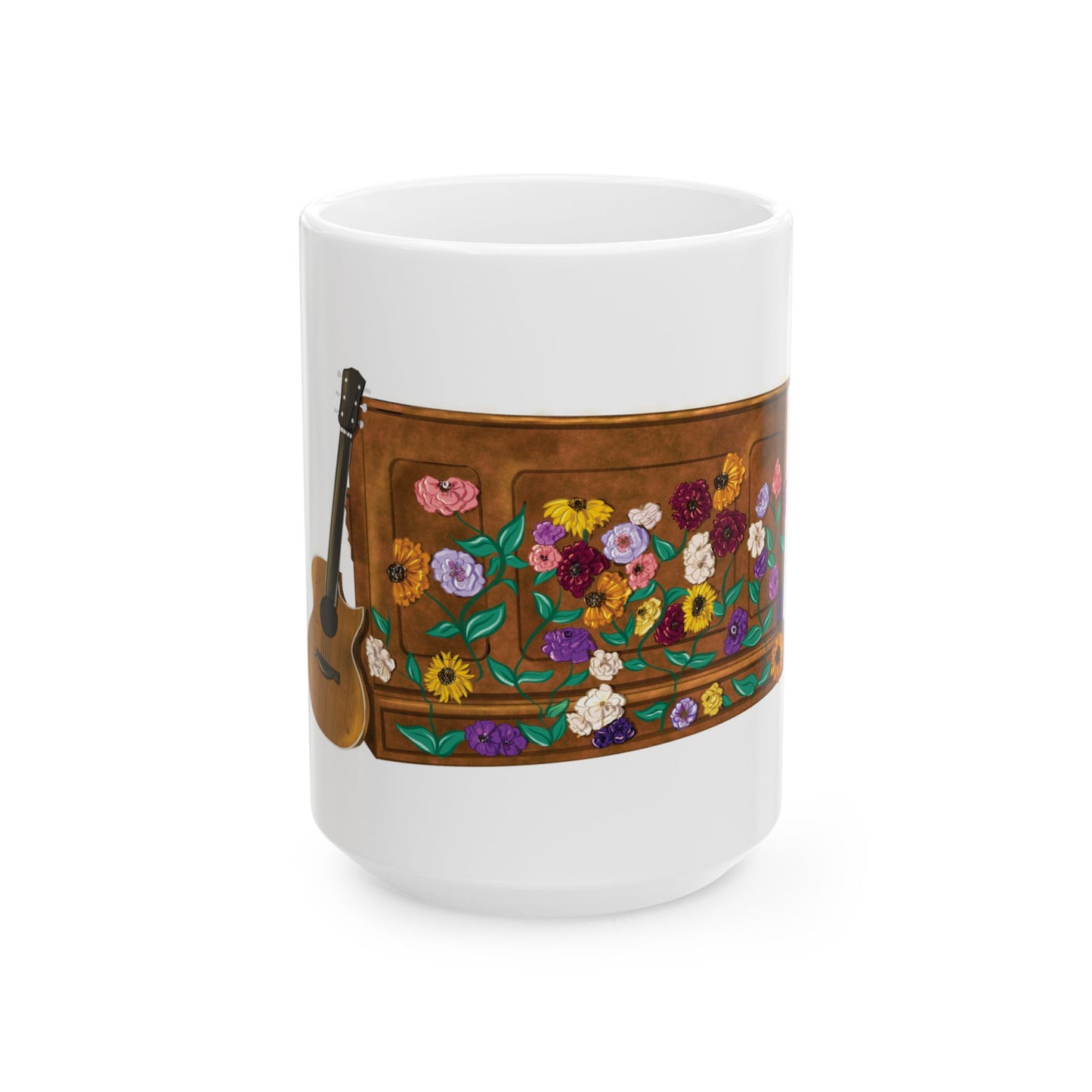 Hand Drawn Tour Floral Piano WHITE Ceramic Mug, (11oz, 15oz)