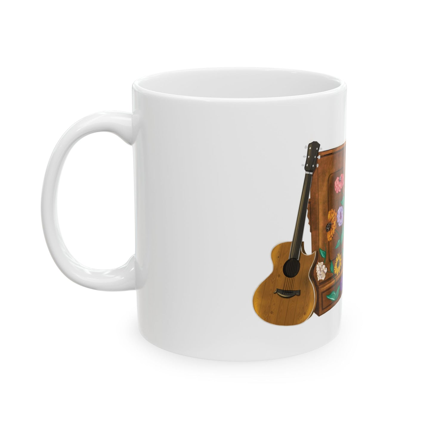 Hand Drawn Tour Floral Piano WHITE Ceramic Mug, (11oz, 15oz)