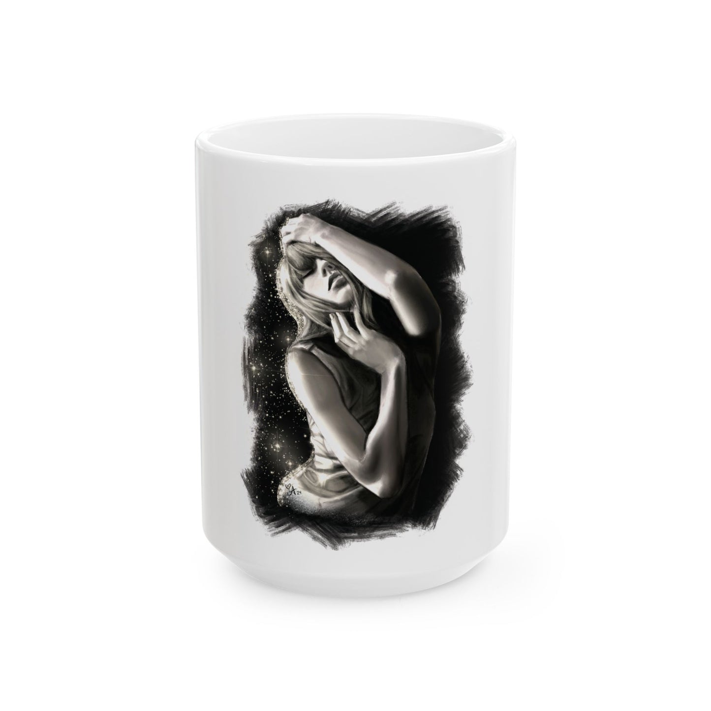 Starry Charcoal Tortured Poet Drawing WHITE Ceramic Mug, (11oz, 15oz)