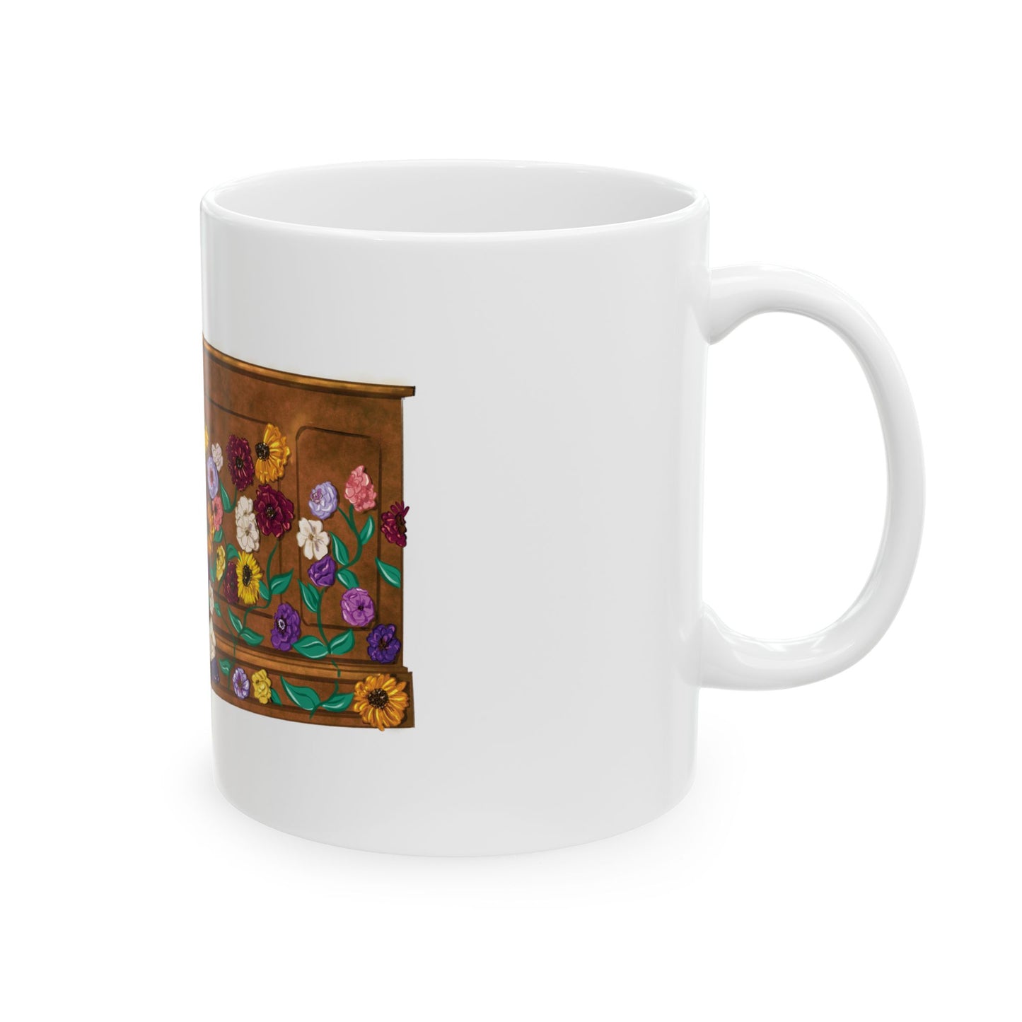 Hand Drawn Tour Floral Piano WHITE Ceramic Mug, (11oz, 15oz)