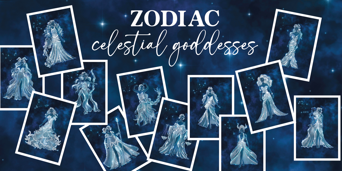 A digital graphic displaying a set of zodiac-themed cards titled 'ZODIAC celestial goddesses' against a dark blue starry background. The cards feature illustrations of various celestial goddesses in flowing white and light blue gowns.