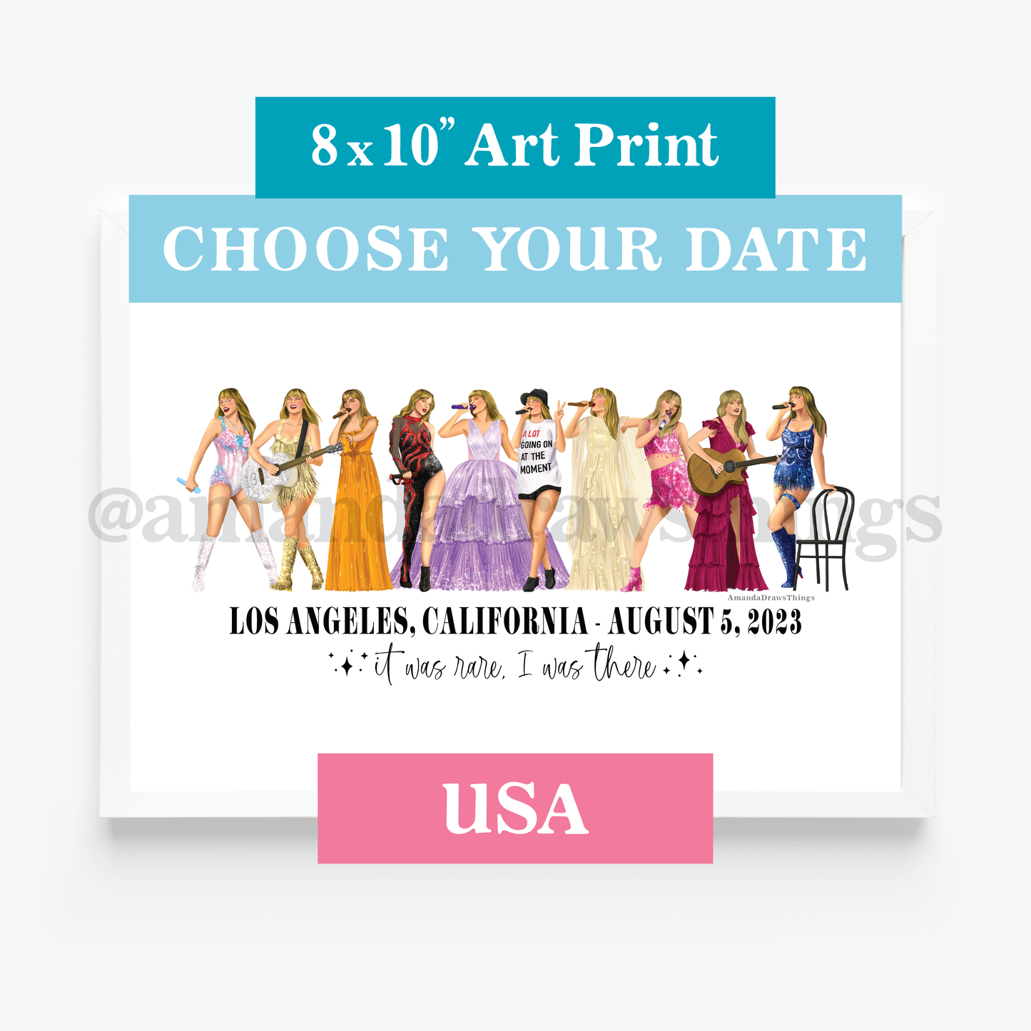 8x10" USA Dates Custom Tour Date Outfit Lineup Drawings